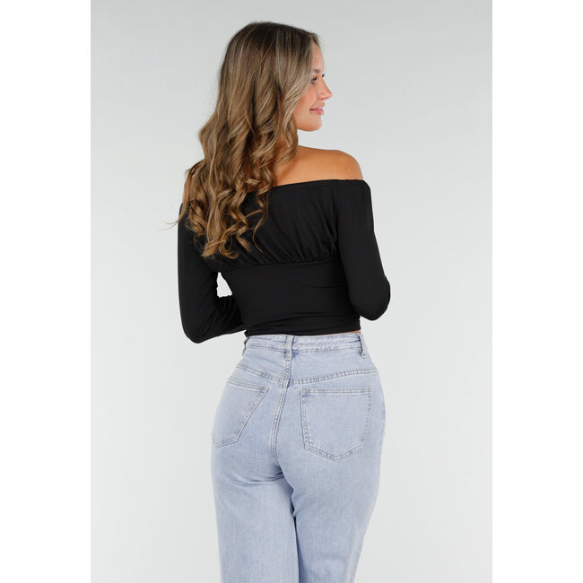 Schwarzes schulterfreies Crop-Top mit Stretch und Schleifen-Verschluss