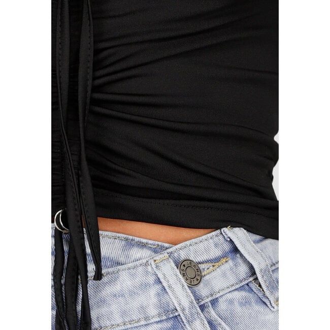 Schwarzes schulterfreies Crop-Top mit Stretch und Schleifen-Verschluss