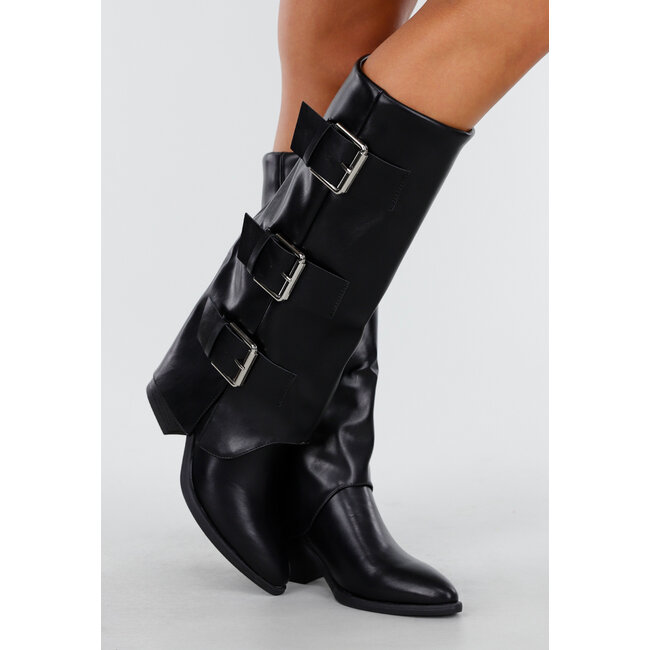 Schwarze hohe Stiefel mit breiten Schnallen und geradem Schaft