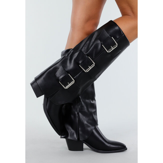 Schwarze hohe Stiefel mit breiten Schnallen und geradem Schaft