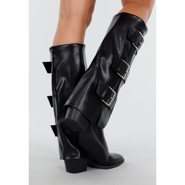 Schwarze hohe Stiefel mit breiten Schnallen und geradem Schaft