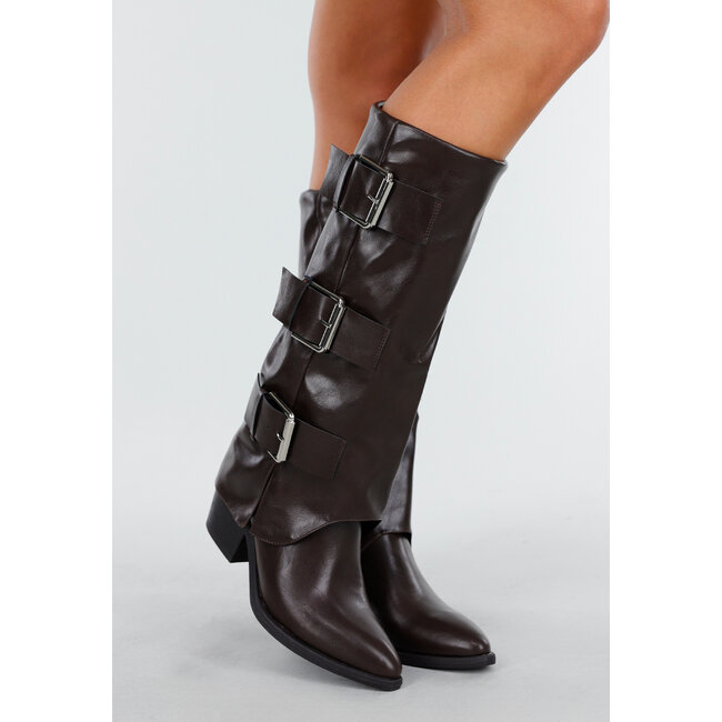 Dark brown boots with buckles and block heels up to the knee