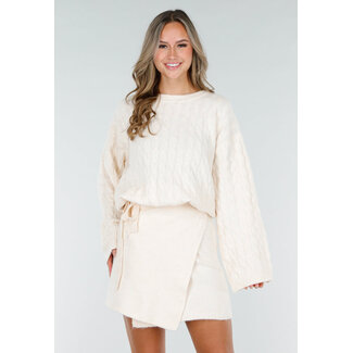 Beige Oversized Stretch-Zopfmusterpullover