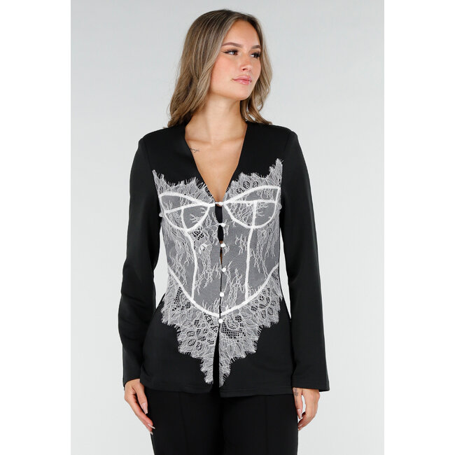 Schwarzer Blazer mit langen Ärmeln und weißem Spitzendetail