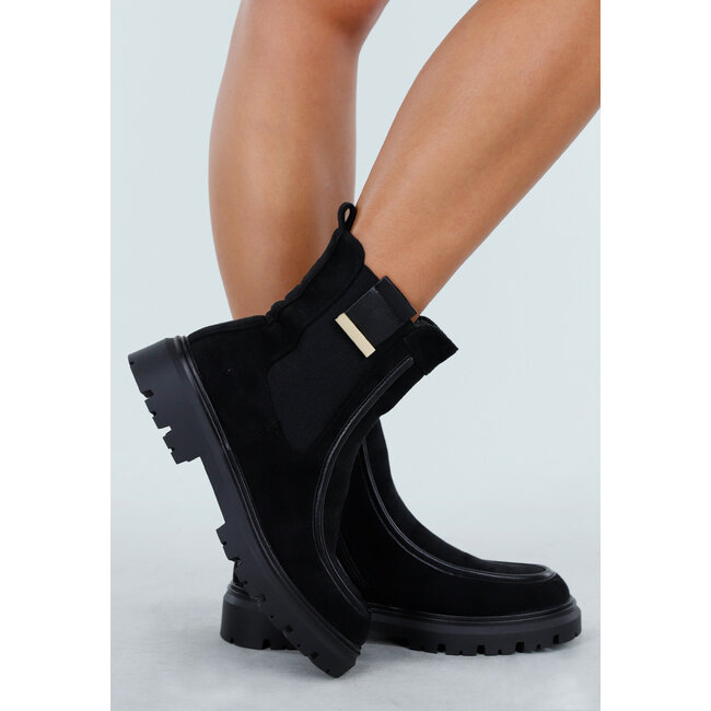 Schwarze Stiefeletten mit klobiger Sohle und Wildlederoptik