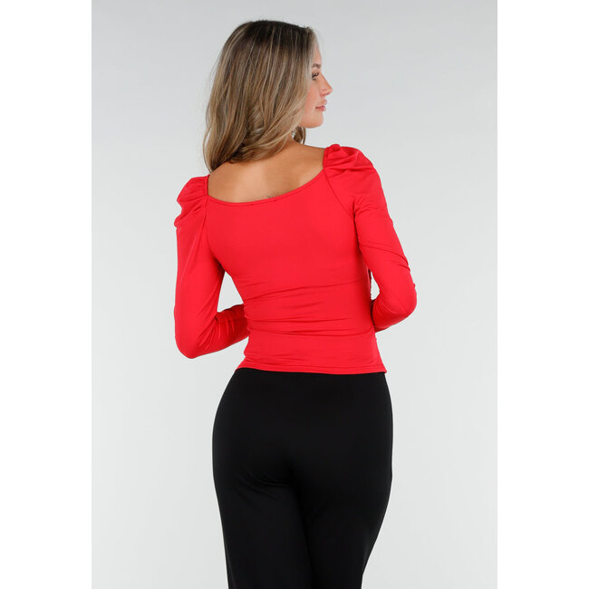 Rotes Stretch-Top mit Revers und Falten