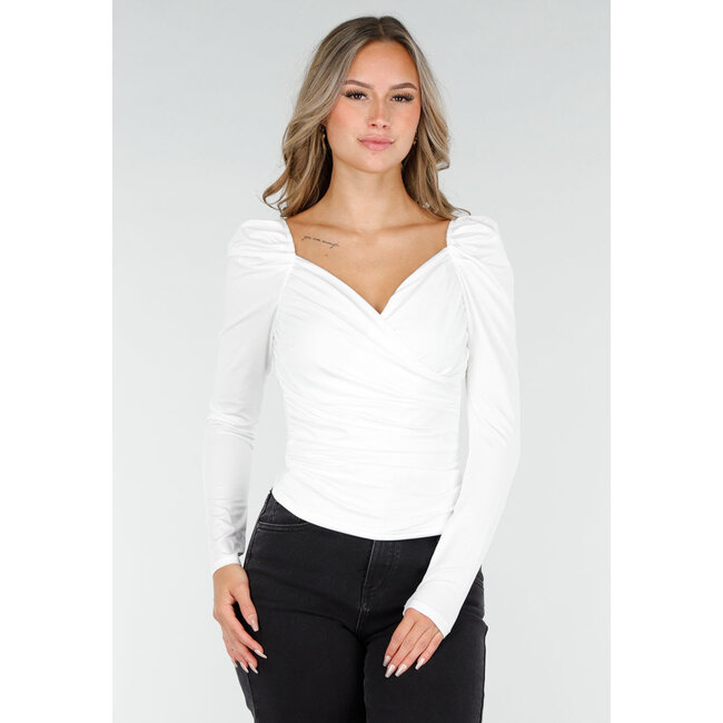 Weißes Stretch-Top mit Revers und Falten