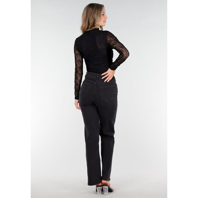 Schwarzes See-Through-Spitzen-Top mit Drapierungseffekt