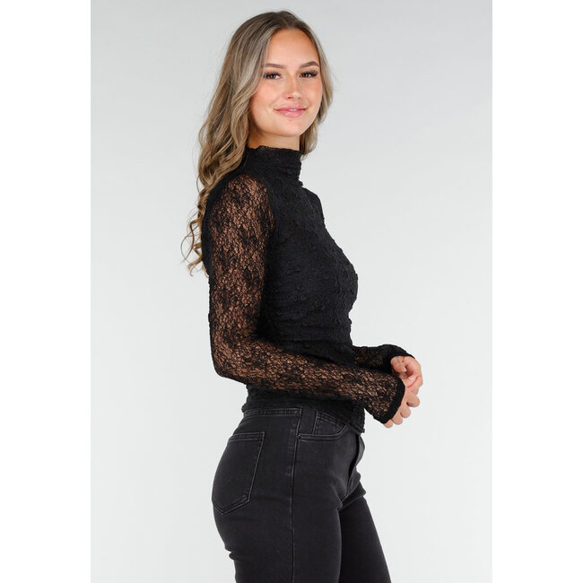 Schwarzes See-Through-Spitzen-Top mit Drapierungseffekt