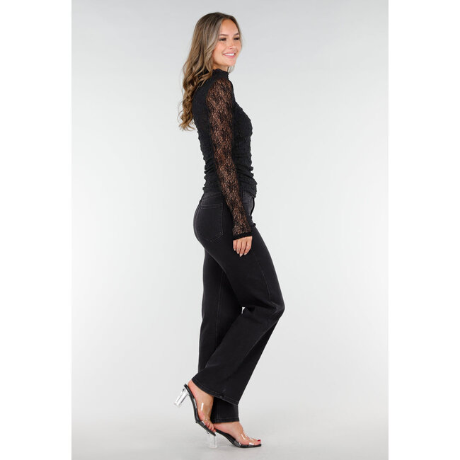 Schwarzes See-Through-Spitzen-Top mit Drapierungseffekt