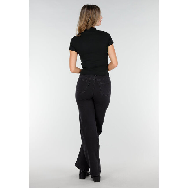 Schwarzes Stretch-Top mit Col und kurzen Ärmeln