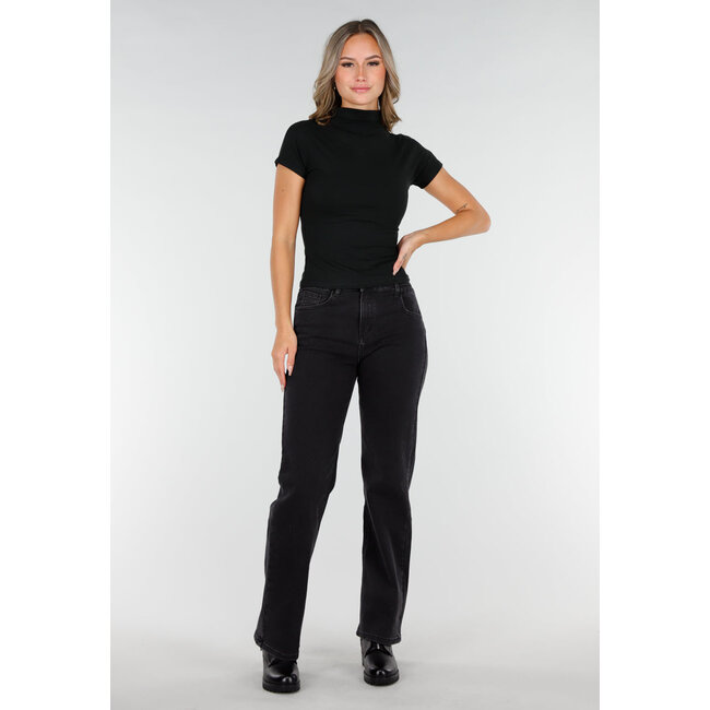 Schwarzes Stretch-Top mit Col und kurzen Ärmeln
