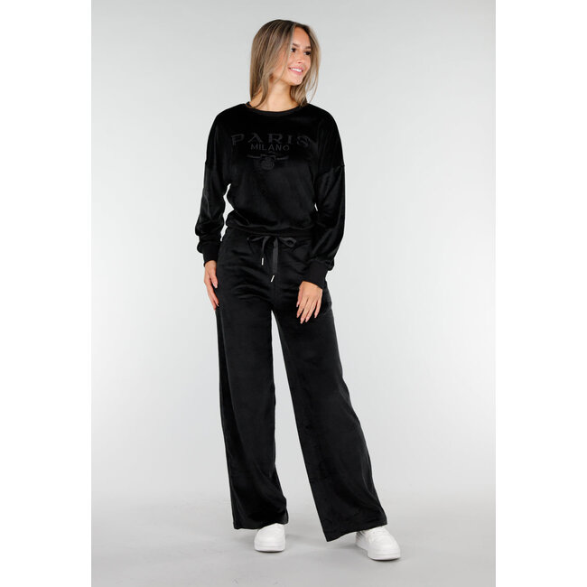 Schwarzes Velours-Homewear-Set mit langen Ärmeln und weiten Hosen