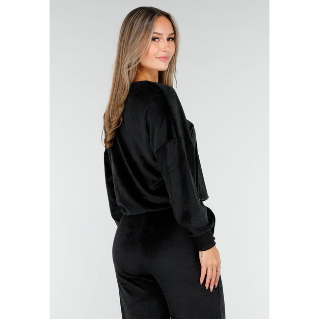Schwarzes Velours-Homewear-Set mit langen Ärmeln und weiten Hosen