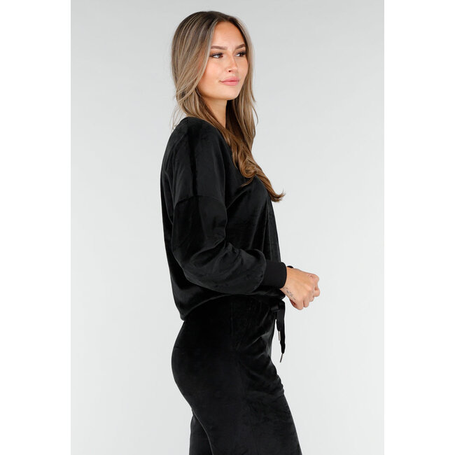 Schwarzes Velours-Homewear-Set mit langen Ärmeln und weiten Hosen