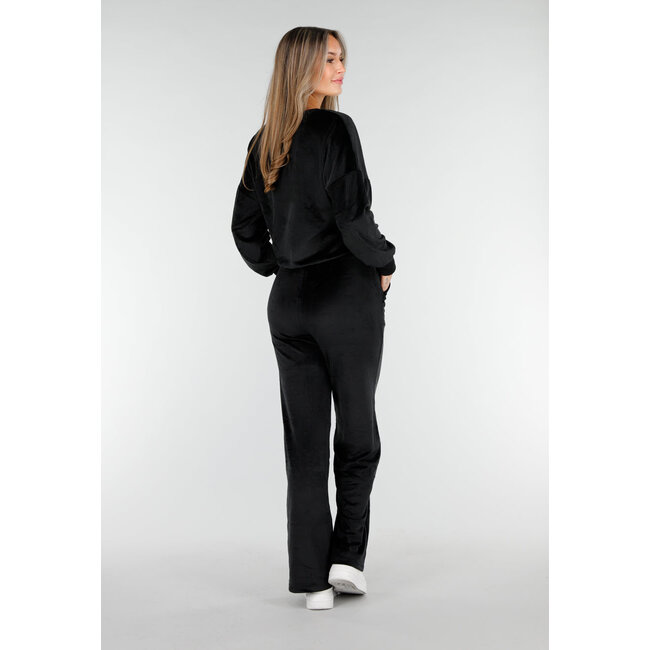 Schwarzes Velours-Homewear-Set mit langen Ärmeln und weiten Hosen