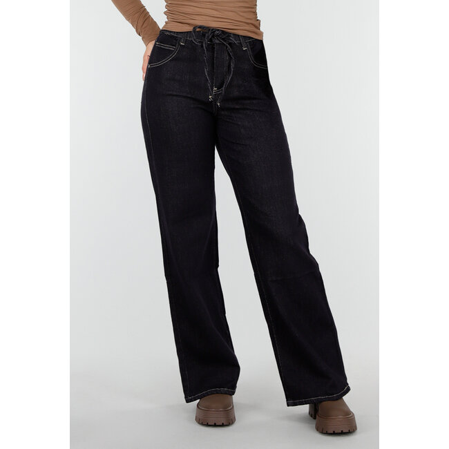 Dunkelblaue Wide Leg Jeans mit elastischem Bund und Kordelzug