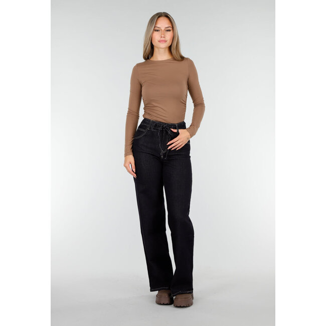 Dunkelblaue Wide Leg Jeans mit elastischem Bund und Kordelzug