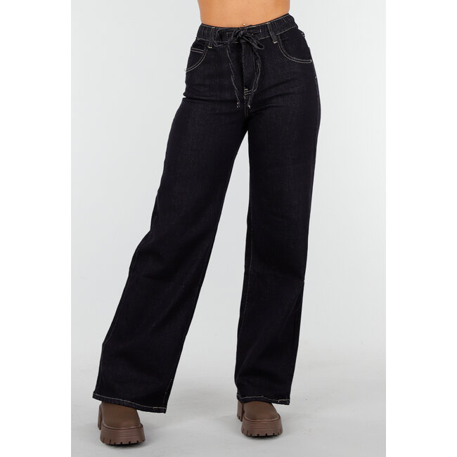 Dunkelblaue Wide Leg Jeans mit elastischem Bund und Kordelzug