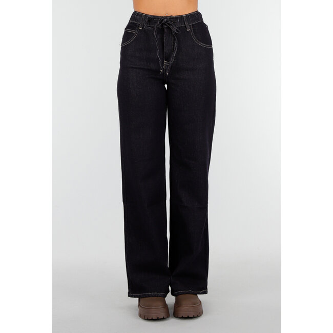 Dunkelblaue Wide Leg Jeans mit elastischem Bund und Kordelzug