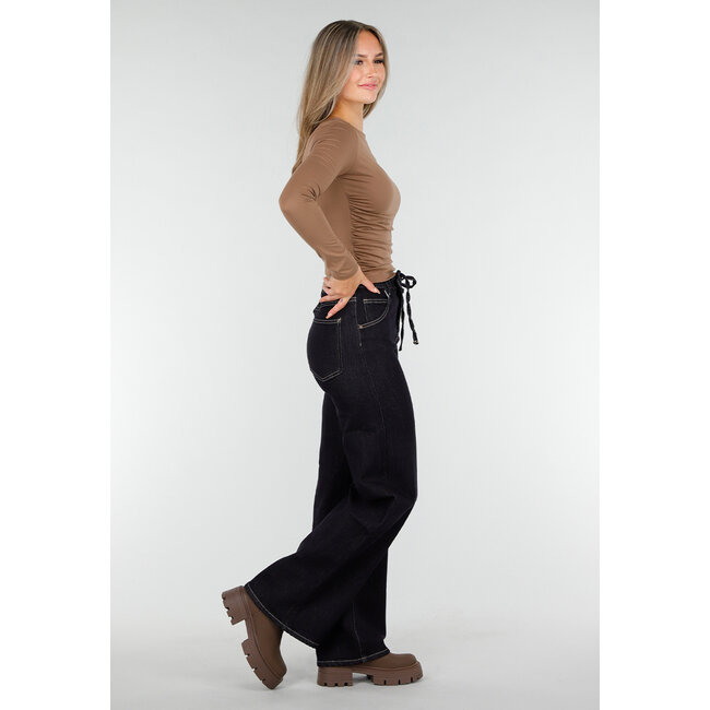 Dunkelblaue Wide Leg Jeans mit elastischem Bund und Kordelzug