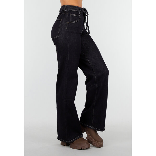 Dunkelblaue Wide Leg Jeans mit elastischem Bund und Kordelzug