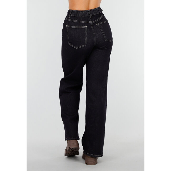 Dunkelblaue Wide Leg Jeans mit elastischem Bund und Kordelzug