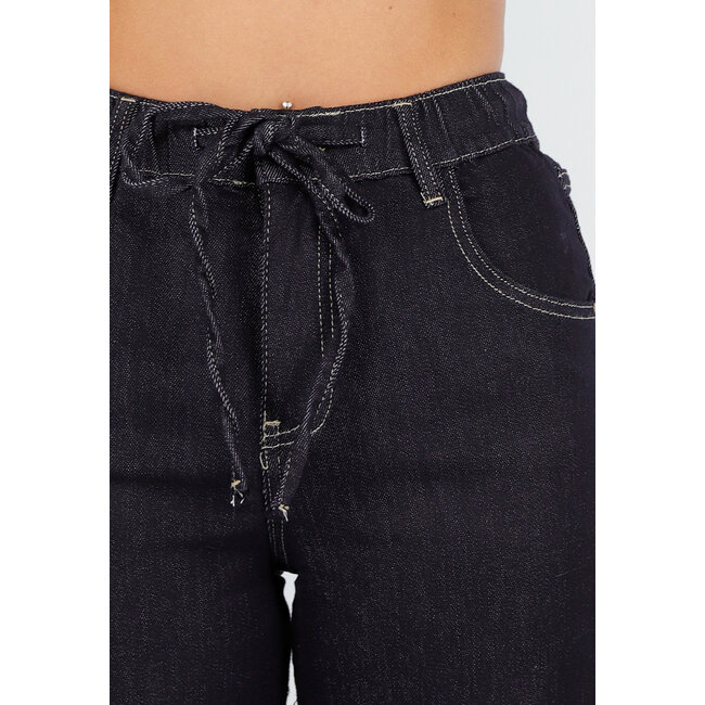 Dunkelblaue Wide Leg Jeans mit elastischem Bund und Kordelzug