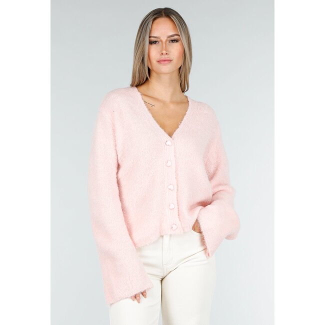 Hellrosa weiche Strickjacke mit herzförmigen Knöpfen und V-Ausschnitt
