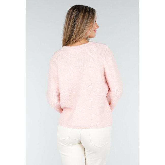 Hellrosa weiche Strickjacke mit herzförmigen Knöpfen und V-Ausschnitt