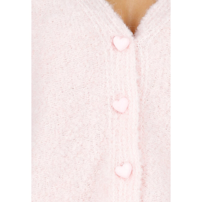 Hellrosa weiche Strickjacke mit herzförmigen Knöpfen und V-Ausschnitt