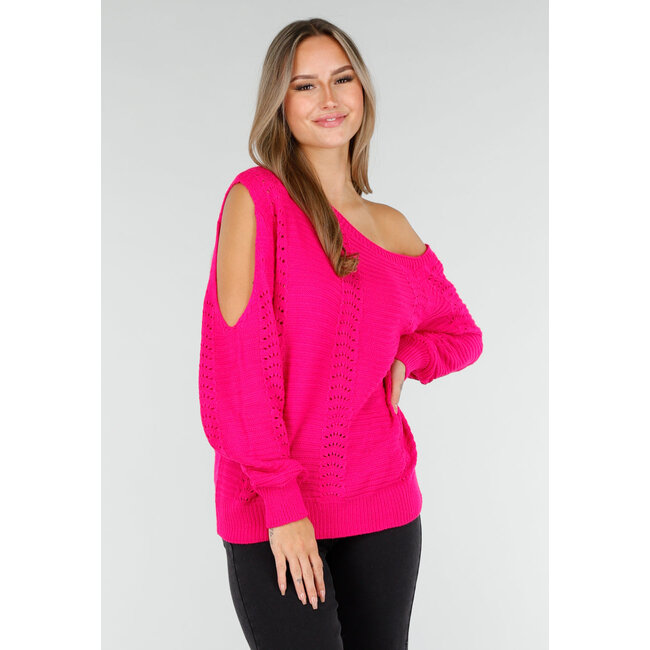Fuchsia Strickpullover mit Cut-Out und Off-Shoulder-Ausschnitt