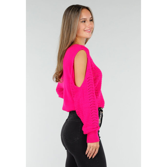 Fuchsia Strickpullover mit Cut-Out und Off-Shoulder-Ausschnitt
