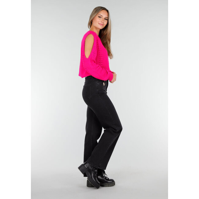 Fuchsia Strickpullover mit Cut-Out und Off-Shoulder-Ausschnitt
