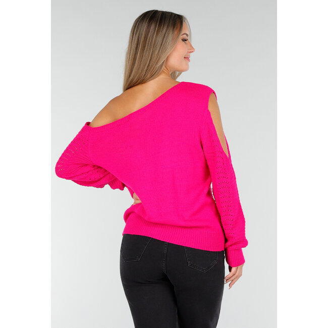 Fuchsia Strickpullover mit Cut-Out und Off-Shoulder-Ausschnitt