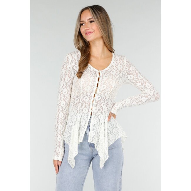 Weißes Spitzen-Peplum-Oberteil mit Knöpfen und langen Ärmeln