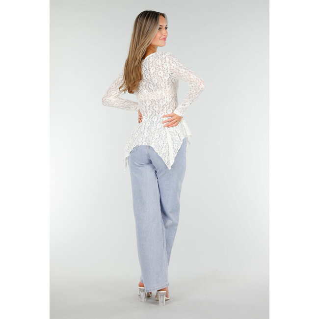 Weißes Spitzen-Peplum-Oberteil mit Knöpfen und langen Ärmeln