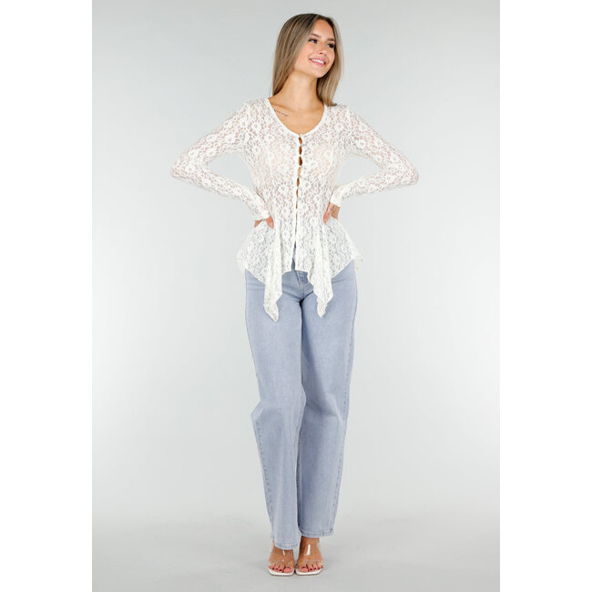 Weißes Spitzen-Peplum-Oberteil mit Knöpfen und langen Ärmeln