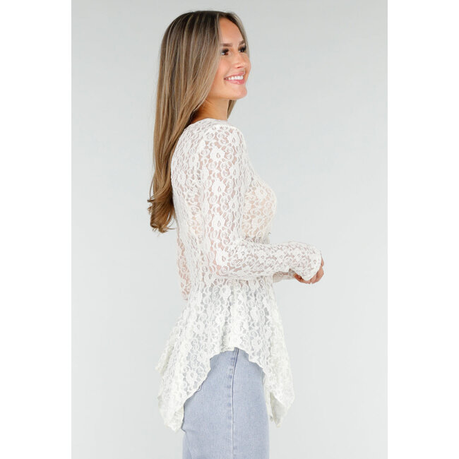 Weißes Spitzen-Peplum-Oberteil mit Knöpfen und langen Ärmeln