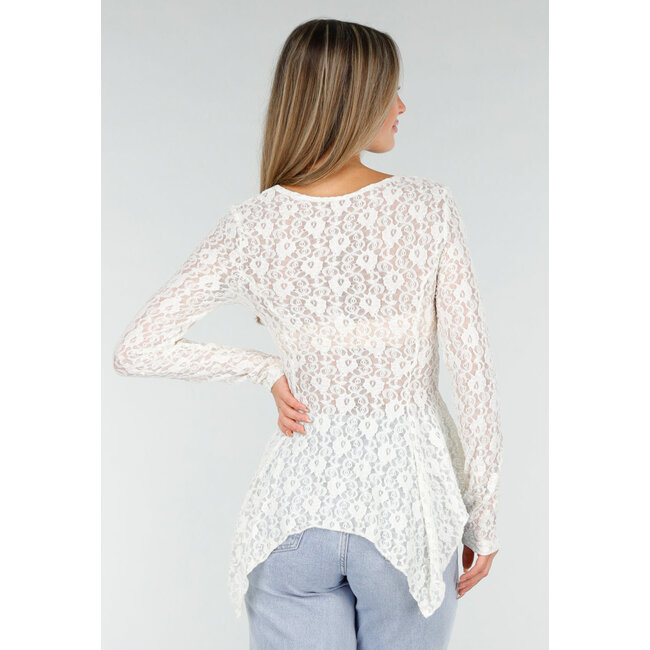 Weißes Spitzen-Peplum-Oberteil mit Knöpfen und langen Ärmeln