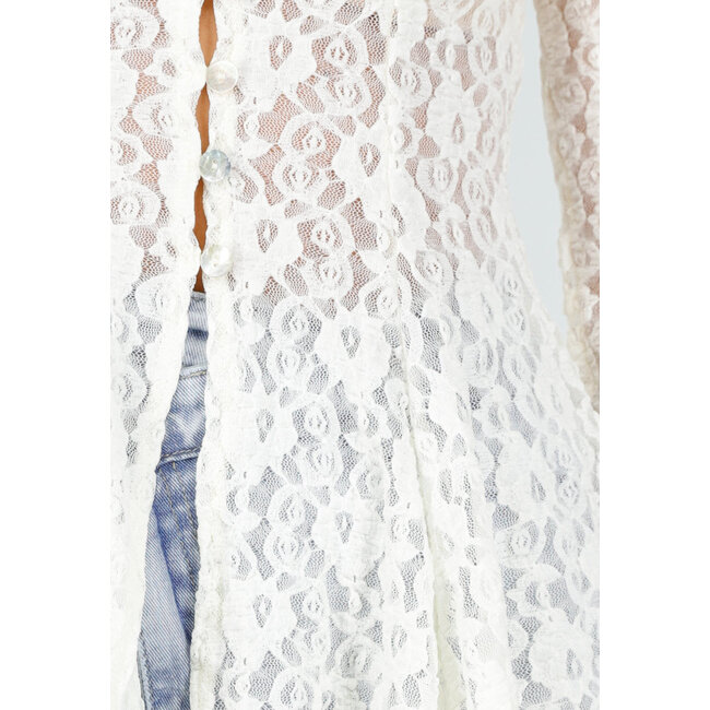 Weißes Spitzen-Peplum-Oberteil mit Knöpfen und langen Ärmeln