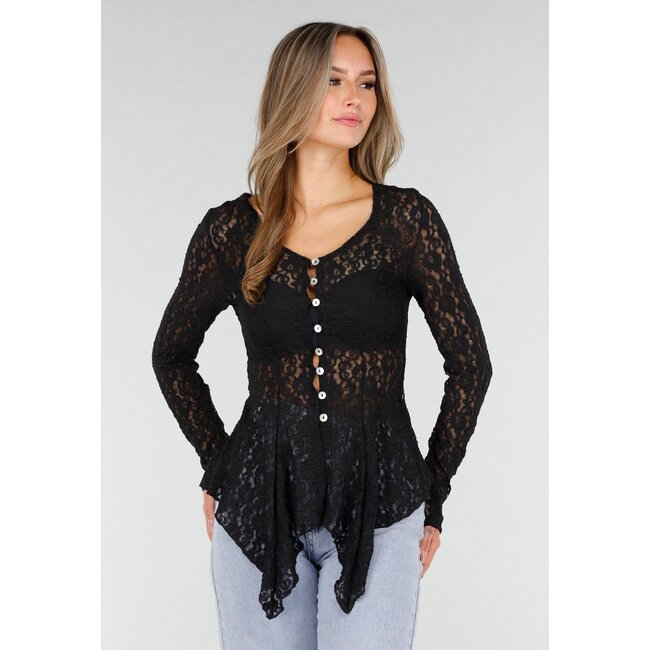 Schwarzes Spitzen-Peplum-Oberteil mit Knöpfen