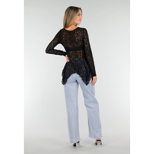Schwarzes Spitzen-Peplum-Oberteil mit Knöpfen