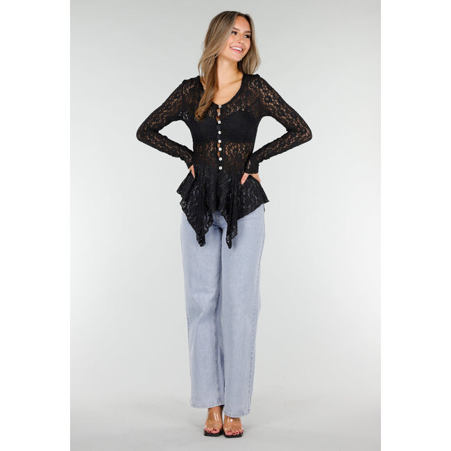 Schwarzes Spitzen-Peplum-Oberteil mit Knöpfen