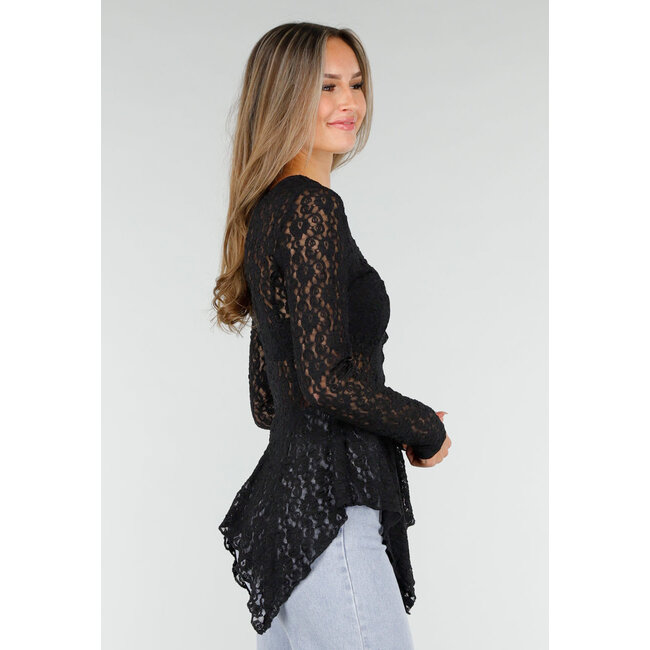 Schwarzes Spitzen-Peplum-Oberteil mit Knöpfen