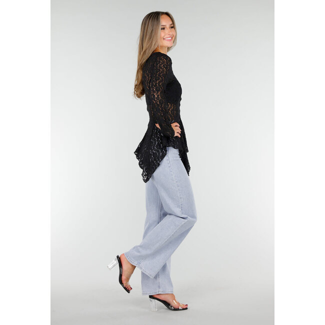 Schwarzes Spitzen-Peplum-Oberteil mit Knöpfen
