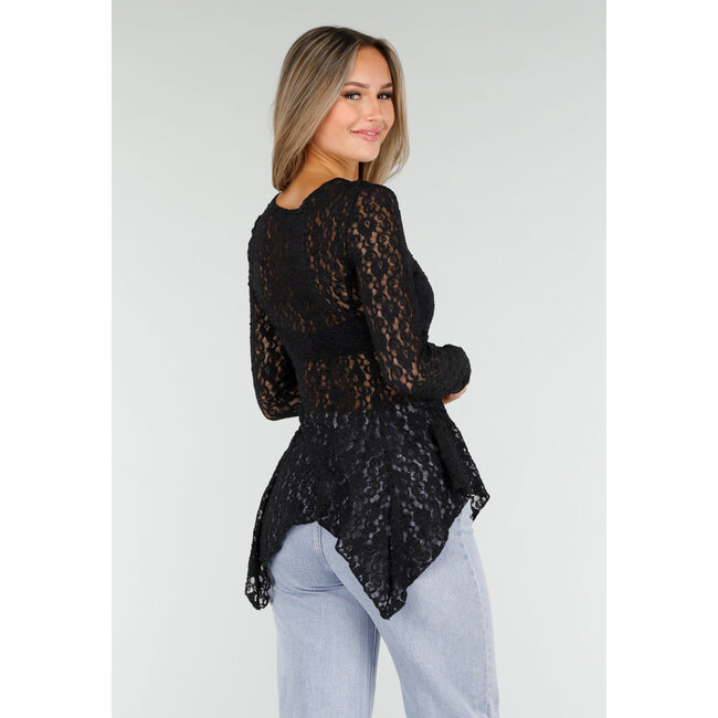 Schwarzes Spitzen-Peplum-Oberteil mit Knöpfen