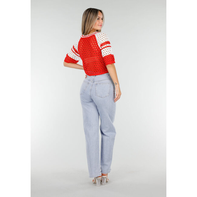 Rot-weißes, gehäkeltes Jersey-Crop-Top mit Nummernaufdruck