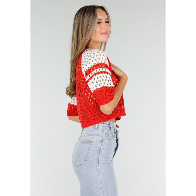 Rot-weißes, gehäkeltes Jersey-Crop-Top mit Nummernaufdruck
