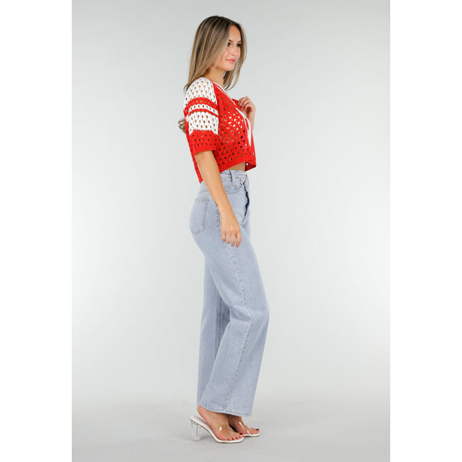 Rot-weißes, gehäkeltes Jersey-Crop-Top mit Nummernaufdruck